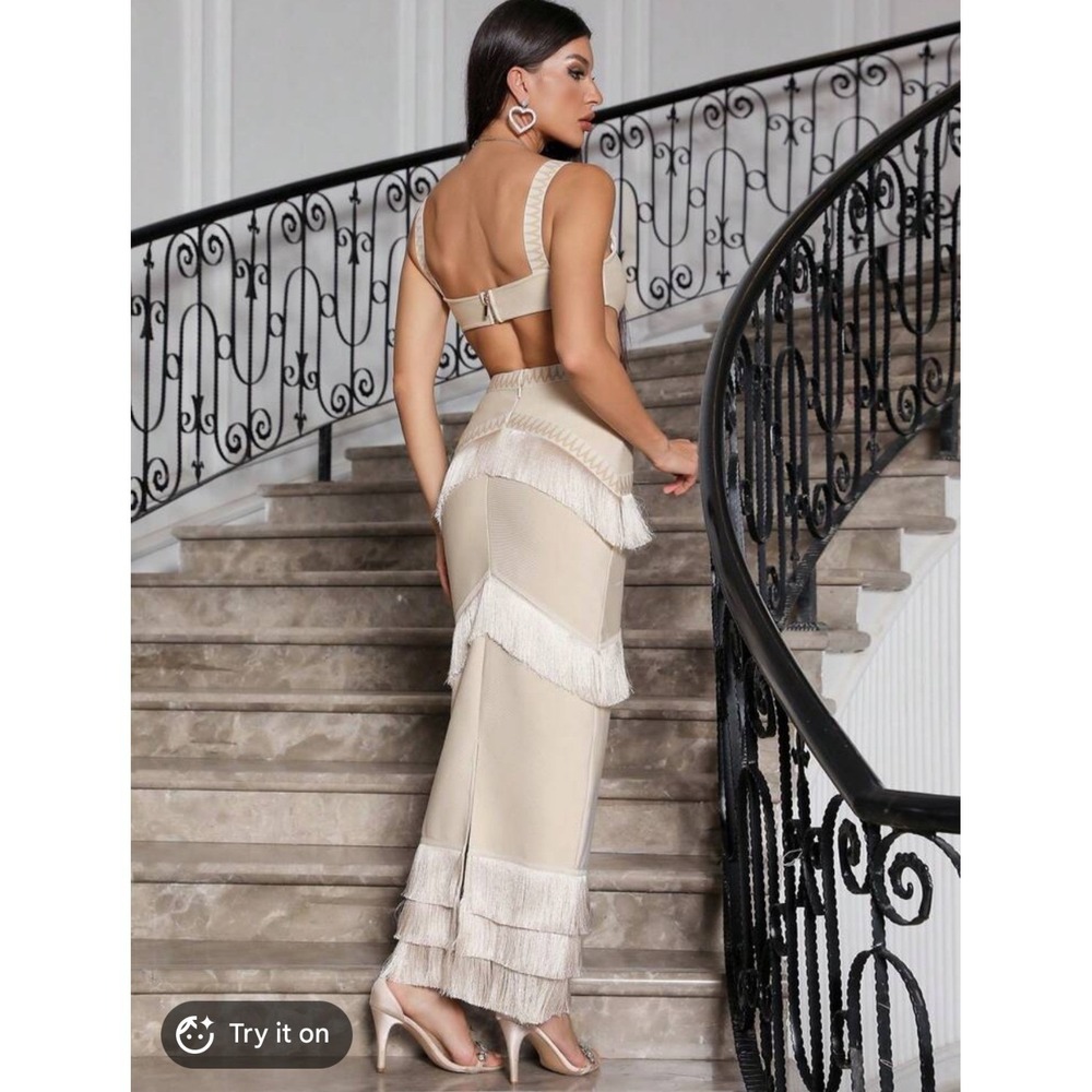 Fringe Cutout Boho Bodycon Midi Dress Size S Luxe Statement Cocktail Vegas Date - Picture 3 of 14